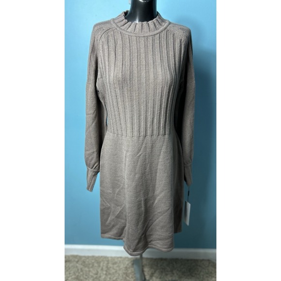 Calvin Klein Ribbed Puff Sleeve Sweater Dress Women's M Tan Pullover (C1) - Picture 6 of 7